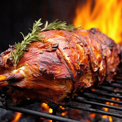 Agneau entier rôti avec du romarin sur un barbecue flamboyant à Palaiseau dans l'Essonne 91